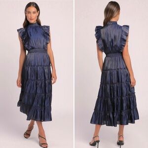 Take a Glance Navy Blue Tiered Mock Neck Midi Dress - S